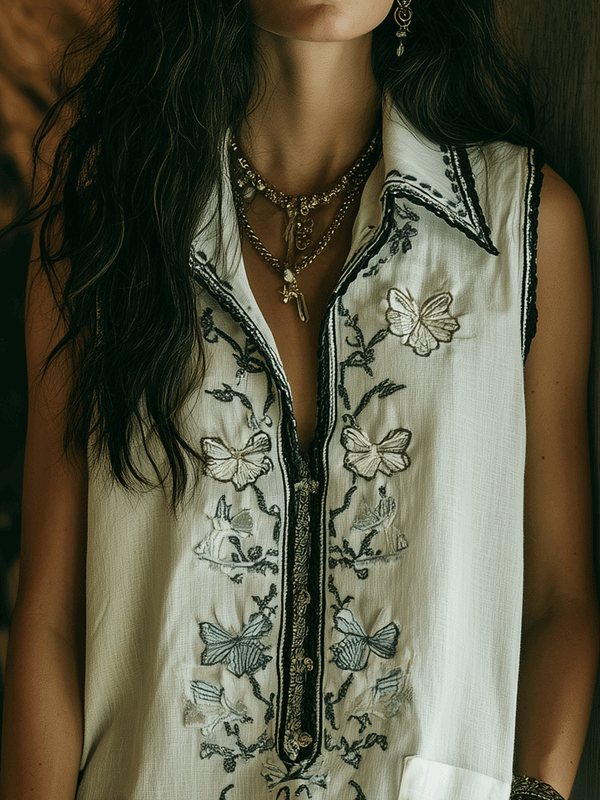 Blouse tunique brodée sans manches à col zippé – Coupe décontractée bohème