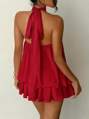 Women's Summer Fashion Party Halter Tie Back Mini Dress, Slim-Fitting Casual Elegant Short Sleeveless Dress for Home Outdoor City Style