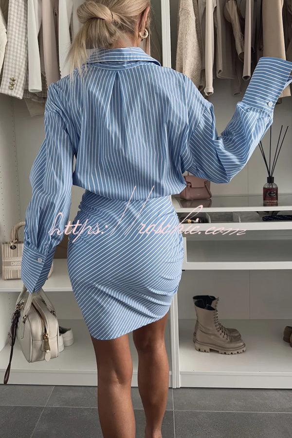 Striped Button-Up Ruched Shirt Mini Dress