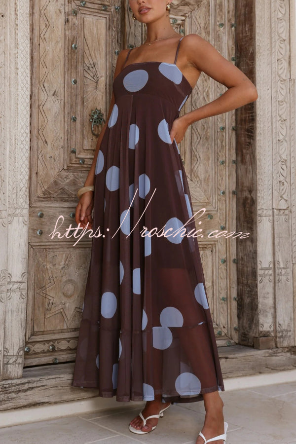Polka Dot Mesh Maxi Dress | Spaghetti Strap Square Neck