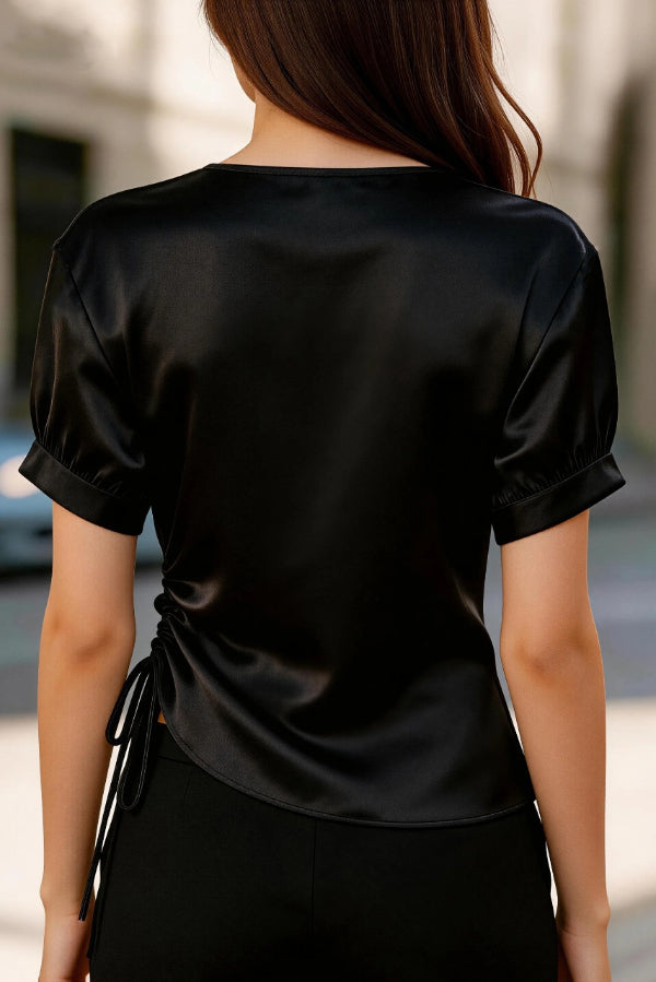 Satin V-Neck Short Sleeve Top with Side Ruching