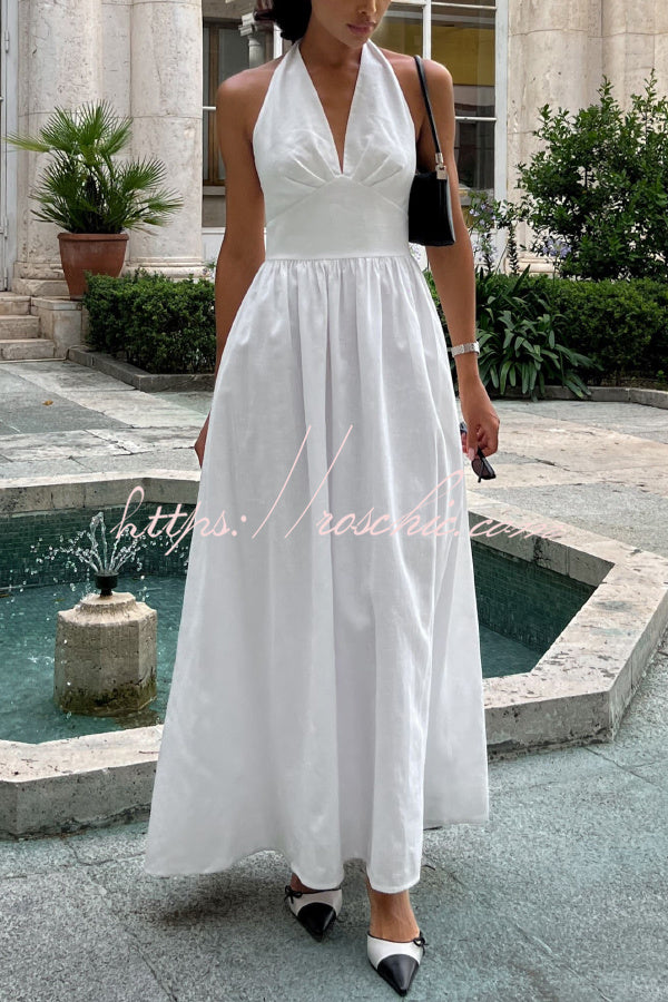 Linen Blend Halter Neck Backless Maxi Dress