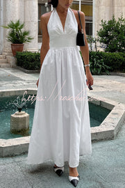 Linen Blend Halter Neck Backless Maxi Dress