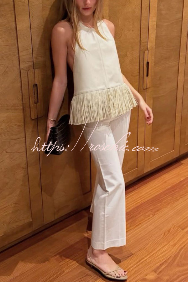 Faux Leather Halter Neck Sleeveless Top with Tassel Detail