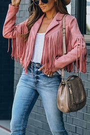 Cropped Faux Suede Jacket with Fringe Detail