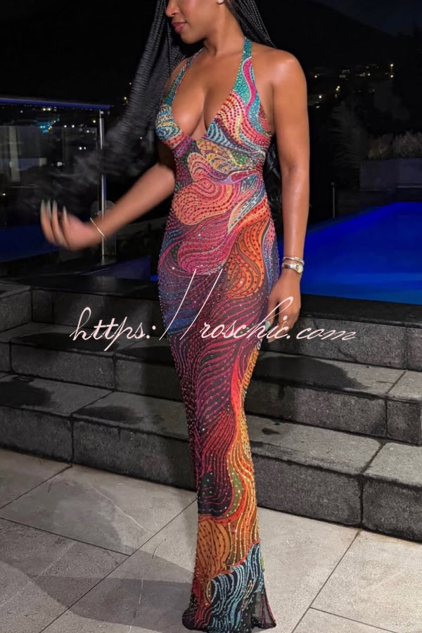 Colorful Printed Halter Neck Sleeveless Slim-Fit Maxi Dress
