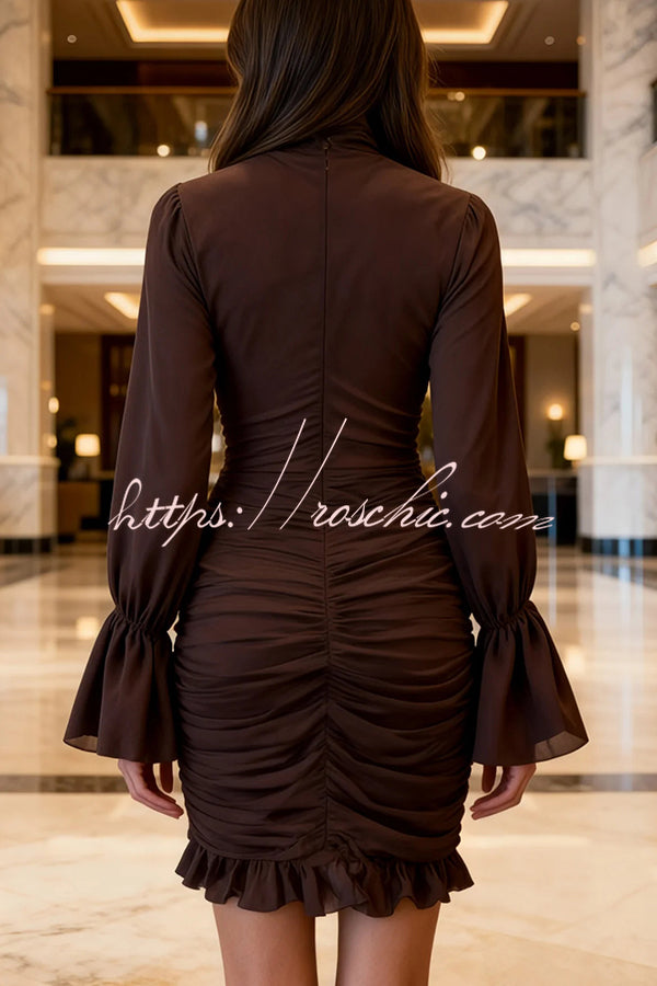 See-Through Tulle High-Neck Mini Dress with Ruffle Detail