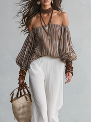 Striped Off-Shoulder Blouse & Wide-Leg Pants Set