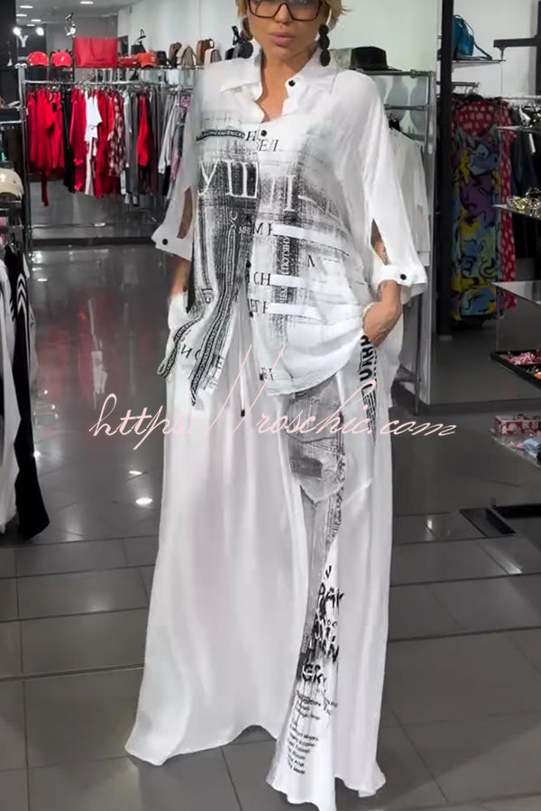 Graffiti Print Blouse & Wide Leg Pants Set | Casual Co-ord