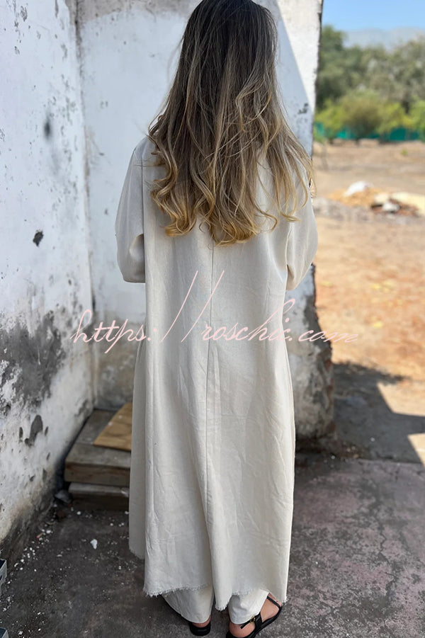 Linen Blend Midi Blouse and Wide-Leg Pants Set