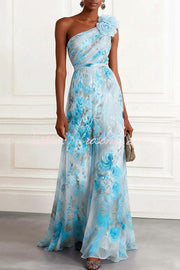 Chiffon 3D Floral One-Shoulder Maxi Dress | A-Line Gown