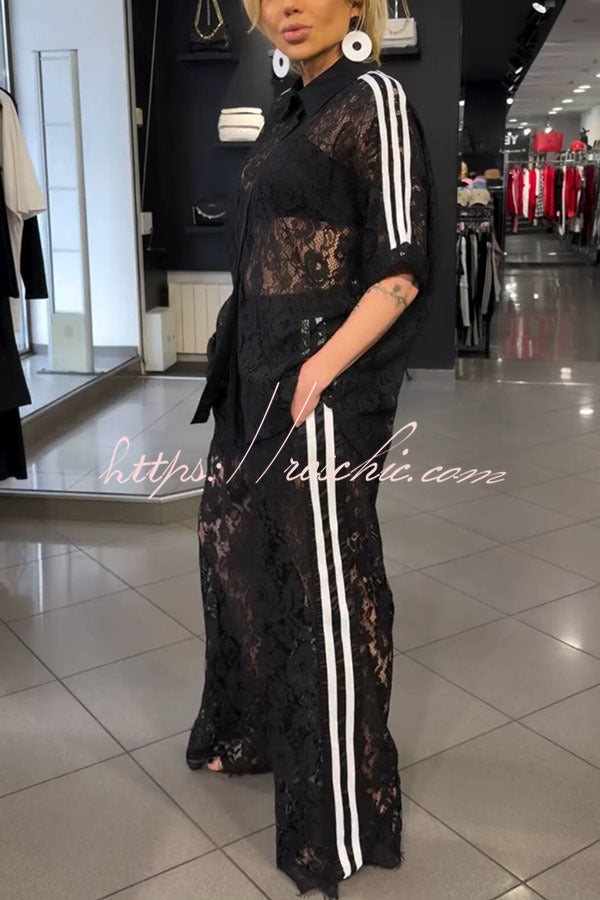 Lace Trim Short Sleeve Shirt & Loose Pants Set
