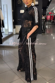 Lace Trim Short Sleeve Shirt & Loose Pants Set