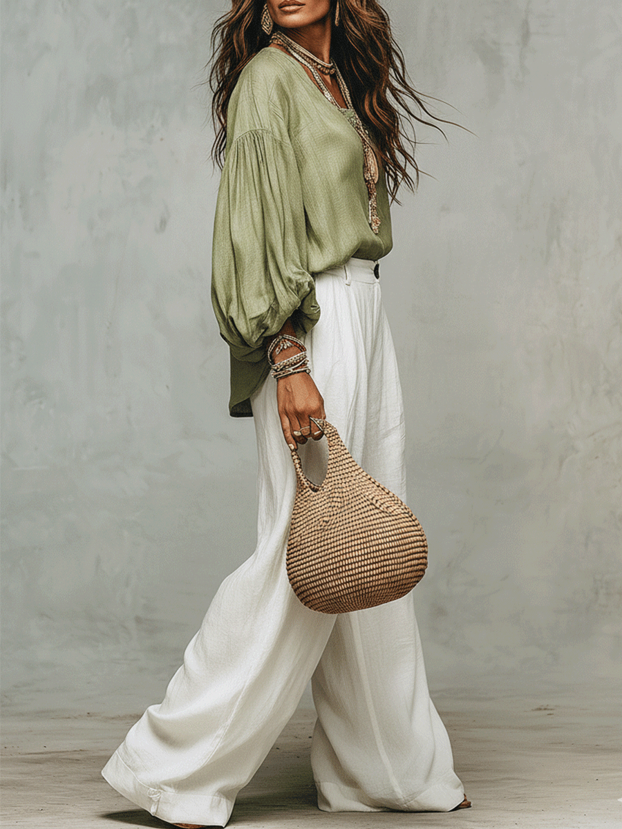 Sage Linen Blouse & Relaxed White Trousers Pants Set