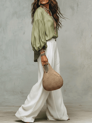 Sage Linen Blouse & Relaxed White Trousers Pants Set