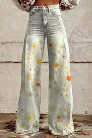 Floral Print Wide Leg Denim Pants with Pockets