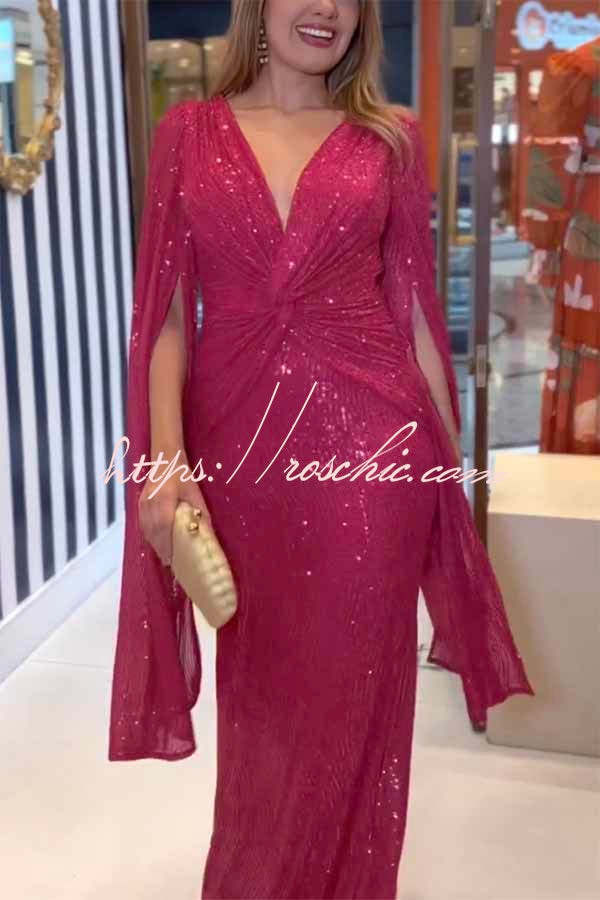 Sequin Cape Sleeve Cross-Waist Evening Maxi Dress