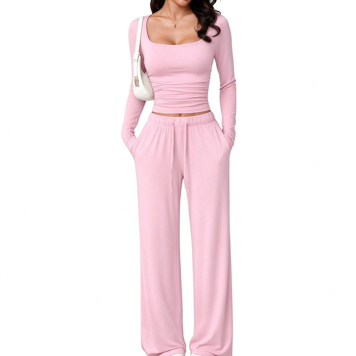 Duniii Square Neck Crop Top & Wide-Leg Pants Set