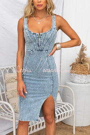 Denim Midi Dress with Adjustable Straps & Zip-Up Front