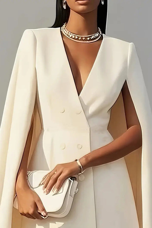 V-Neck Double Breasted Cape Mini Dress – Office Formal