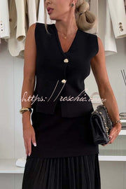 Gilet sans manches col V en tricot avec boutons dorés – Coupe ample