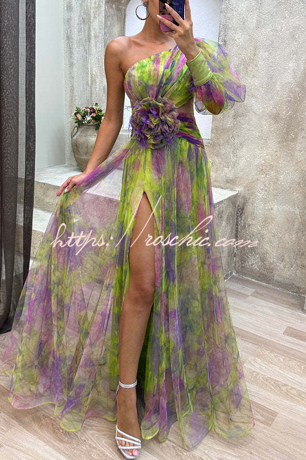 Tulle One-Shoulder Floral Pleated Slit Maxi Dress