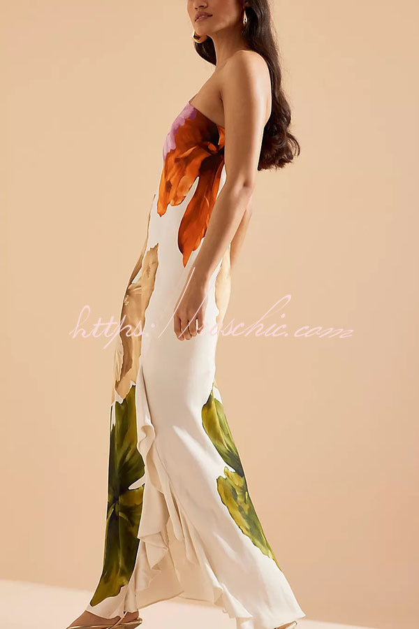 Floral Print One Shoulder Maxi Slip Dress with Side Ruffles