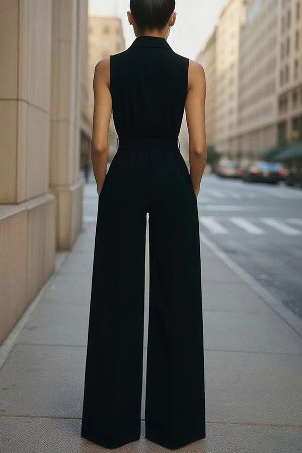 Sleeveless Wide-Leg Jumpsuit with Lapel & High Waist