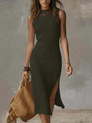 Cotton Linen Midi Dress with Stand Collar & Split Hem