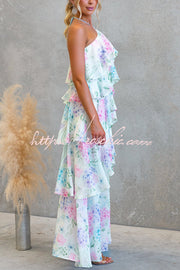 Chiffon Floral Print Halter Maxi Dress with Tiered Ruffles