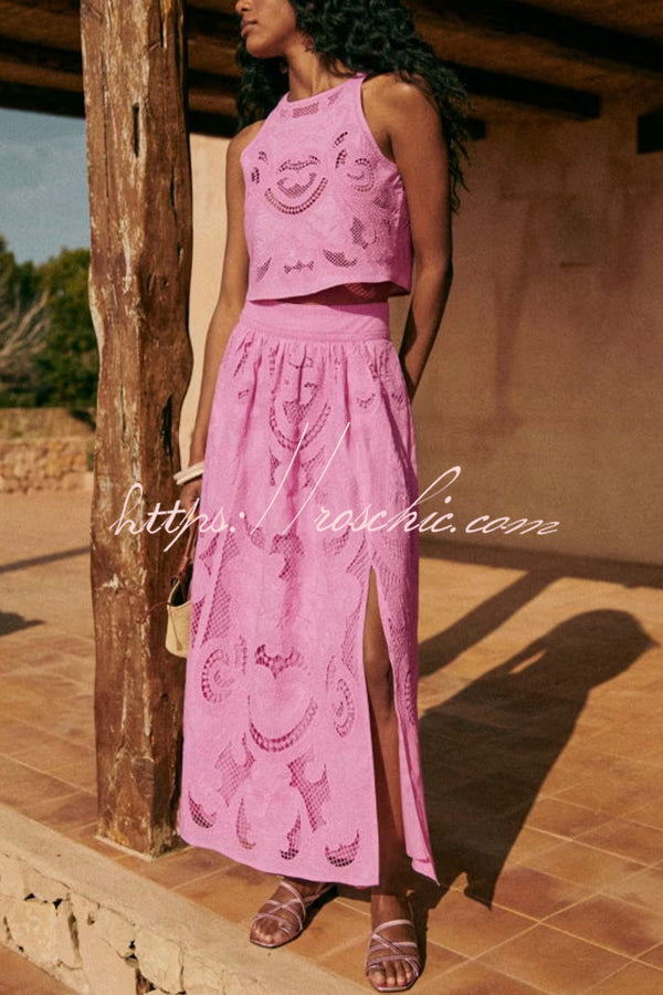 Cutout Embroidery Lace High-Rise Maxi Skirt with Side Slit