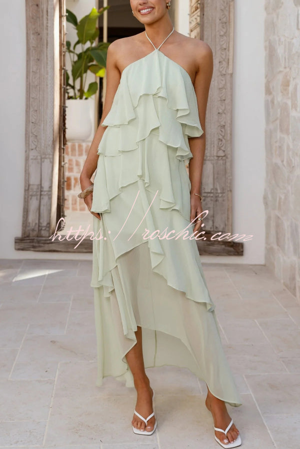 Chiffon Halter Neck Ruffle Maxi Dress – Loose Fit