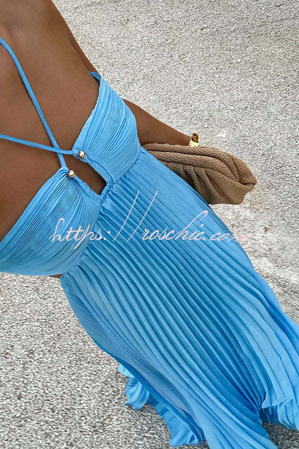 Satin Pleated Maxi Dress with Cross Halter Cutout