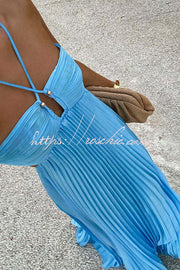 Satin Pleated Maxi Dress with Cross Halter Cutout