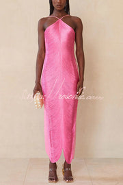Robe longue dos nu métallisée avec fente à franges