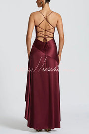 Backless Lace-Up Ruffle Maxi Dress – Spaghetti Strap
