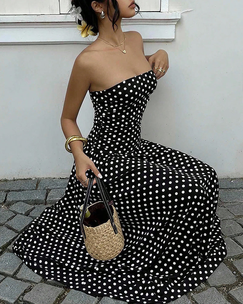 Vintage Polka Dot Strapless Ruffle Maxi Dress