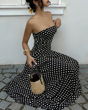 Vintage Polka Dot Strapless Ruffle Maxi Dress