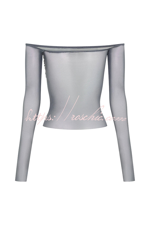 Sequin Mesh Bardot Off-Shoulder Long Sleeve Top