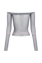 Sequin Mesh Bardot Off-Shoulder Long Sleeve Top