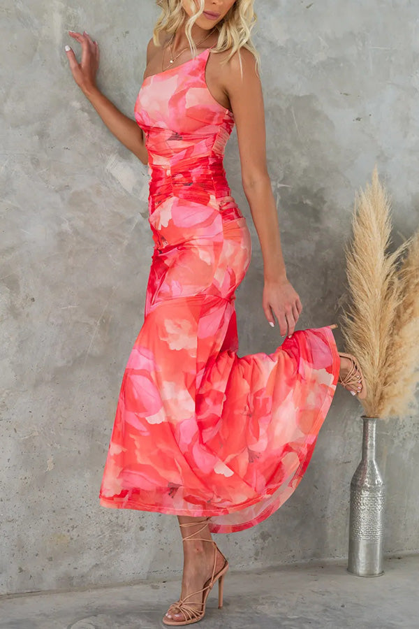 Floral Mesh One Shoulder Ruched Maxi Dress