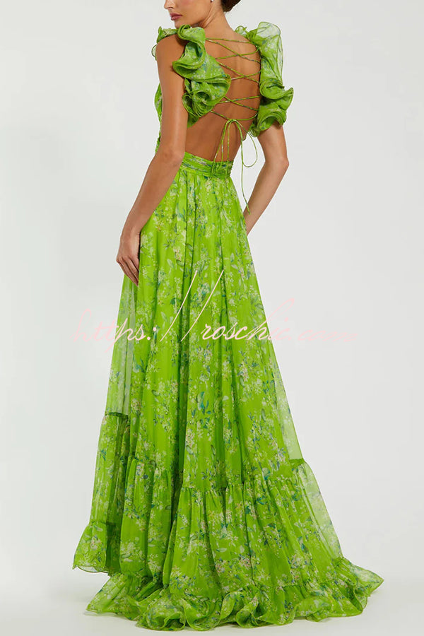 Floral Chiffon Tiered Ruffle Cutout Back Maxi Dress