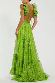 Floral Chiffon Tiered Ruffle Cutout Back Maxi Dress