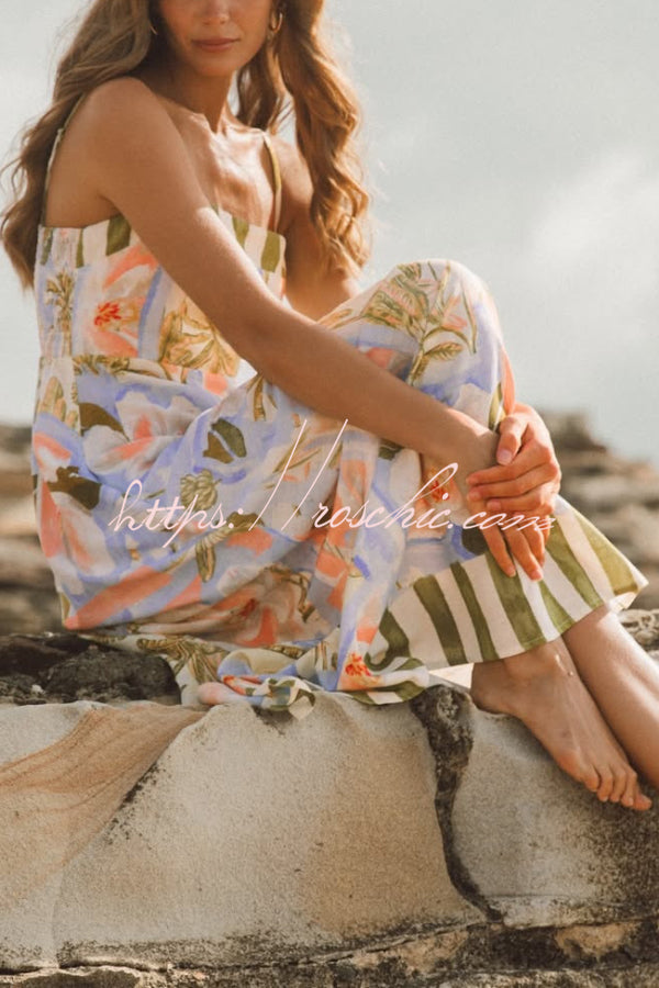 Printed Square Neck Spaghetti Strap Casual Maxi Dress
