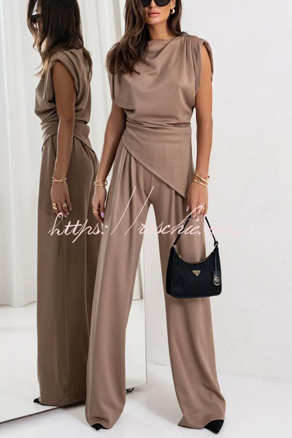 Ruched Shoulder Wide Leg Pants Set with Pockets