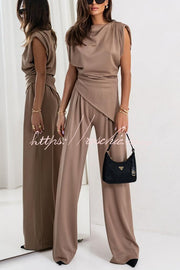 Ruched Shoulder Wide Leg Pants Set with Pockets