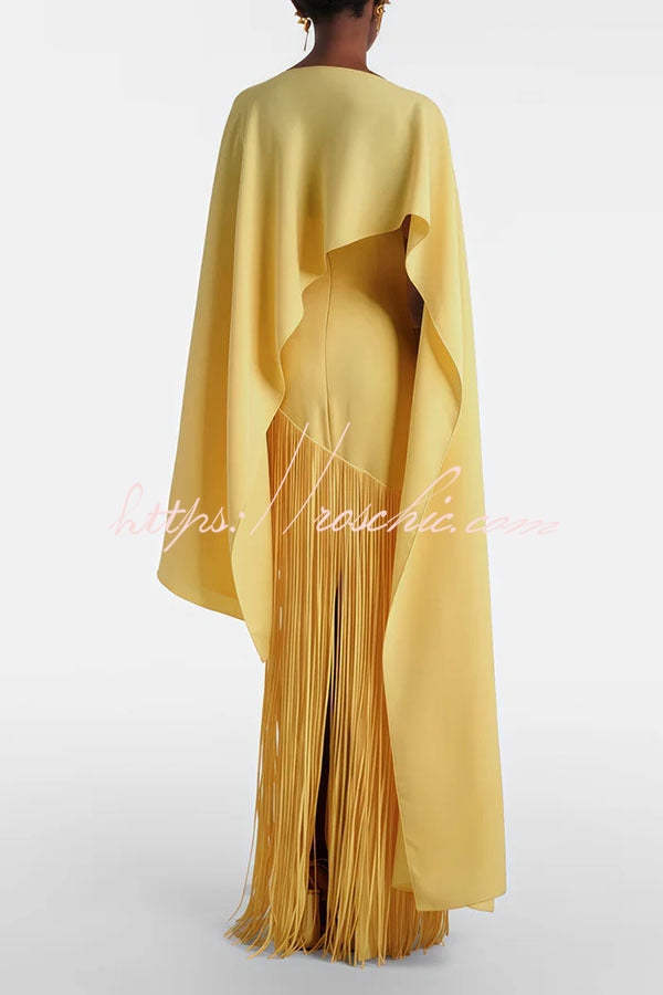 Fringed Hem Maxi Gown with Detachable Shawl Detail
