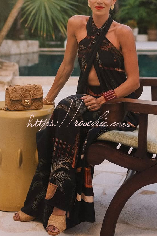 Printed Halter Two-Piece Set – Wide-Leg Pants & Tank Top