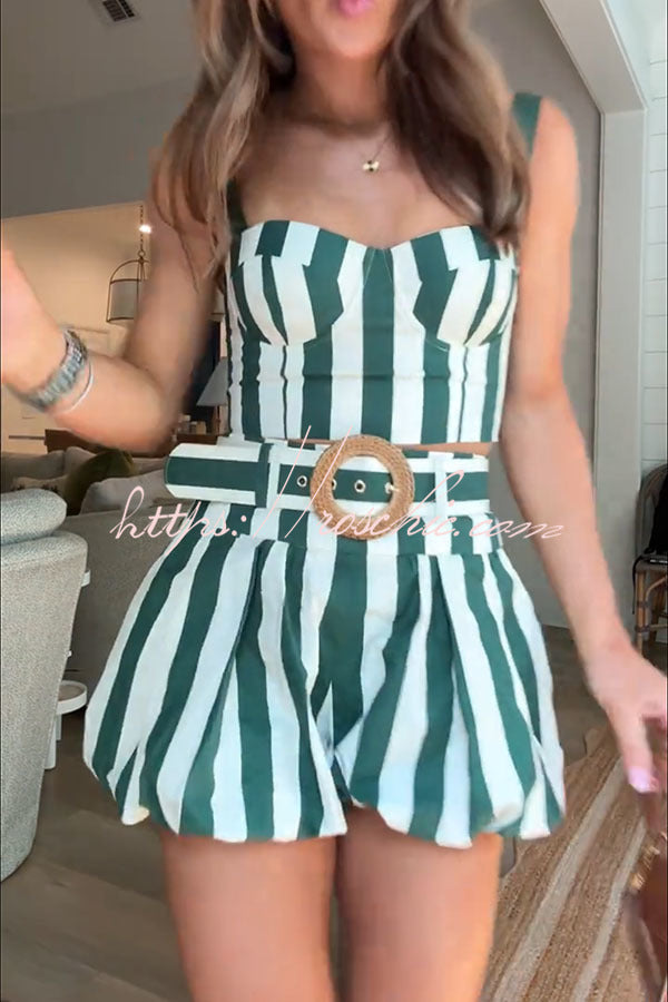 Striped Smocked Tank & Bubble Shorts Set with Raffia Belt