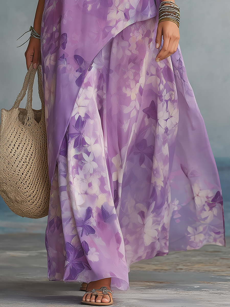 Lavender Floral Sleeveless Maxi Dress – Flowing A-Line